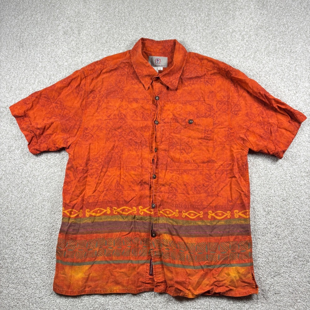 The Territory Ahead Shirt Mens XL Orange Lyocell Rayon Scroll Print Short Sleeve